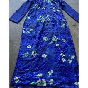 Vintage Cheongsam Long Blue Floral Stone Dress Women’s Sz S Blue Flower Pattern